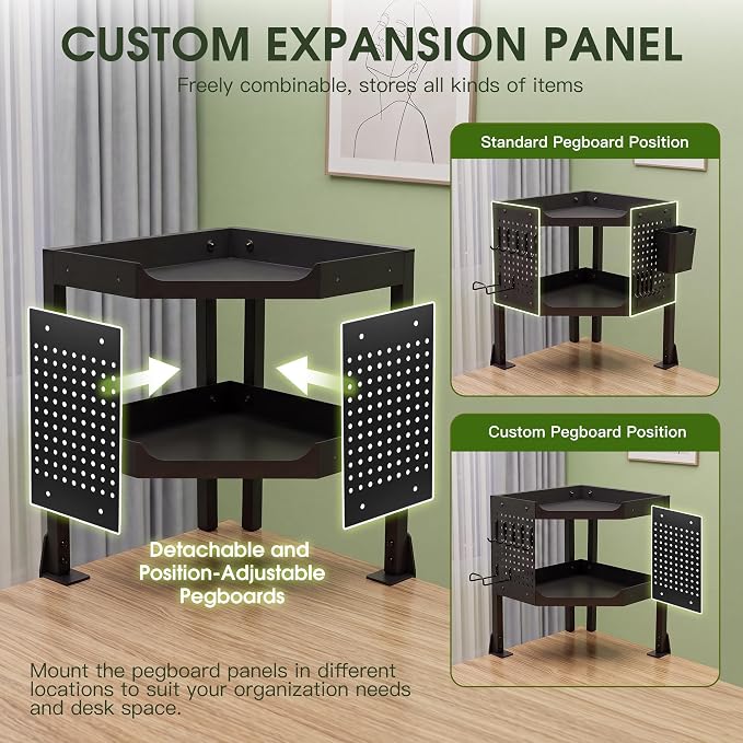2-Tier Metal Clamp On Desk Shelf, Heavy Duty Desk Storage Organizer with 2 Removable Pegboards and Headphone Holder,Corner Desk Shelf with Pencil Cup and Hooks for Desk Accessories (Black)