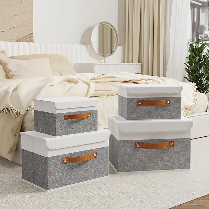 OUTBROS Storage Bins with Lids, White/Grey, 3 Pack 10.2 x 7.9 x 6.7in | Collapsible Storage Boxes, Cotton and linen cloth Storage Baskets with Handle, for Books, Closet