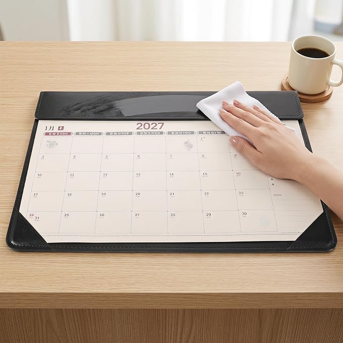 Kisangel Large Desk Blotter Calendar - 2027 PU Leather Computer Pad with Monthly Calendar - 17x12" Desk Mat for Home Office School Study