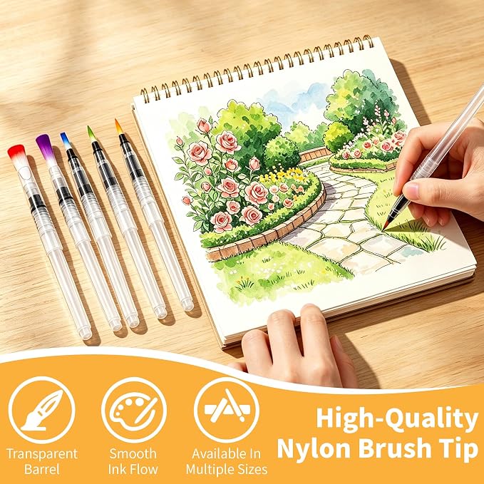 12 Pcs Refillable Watercolor Brush Pens with Palette | 12 Water Brush Pens Point & Flat Nylon Tips With Palette Reverse Thread Design For Painting Calligraphy Travel Art