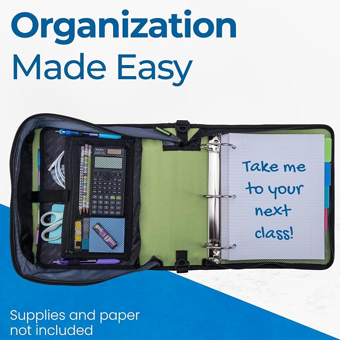 Case-it Mighty Zip Tab School Zipper Binder | 3-Inch O-Rings, 600-Sheet Capacity, 5-Subject Expanding File Folder, Multiple Pockets & Storage Organizer, Shoulder Strap | D-146 Key Lime