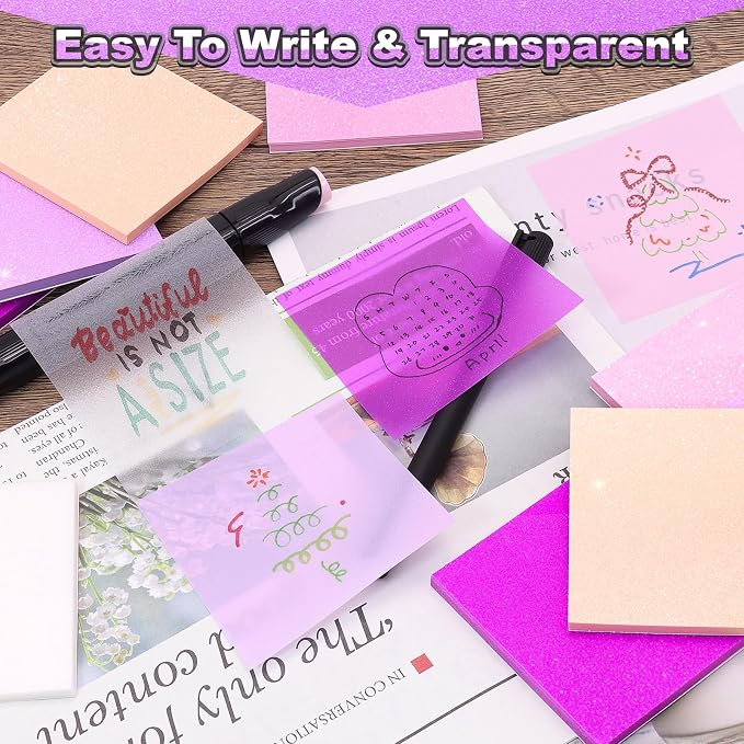 Transparent Sticky Notes 600 Sheets, Frosted Glitter Stardust Purple 3x3 Inch, High Glass-Like Clear Seee Through Post Self-Adhesive Notes for Women Office School Teacher Planer Bible Supplies 12 Pads