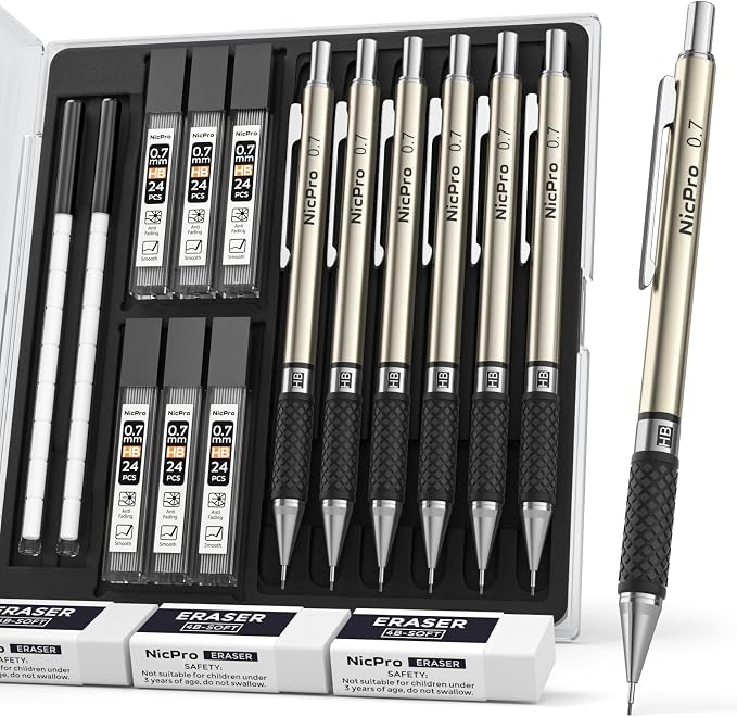 Nicpro 0.7 mm Art Mechanical Pencils Set, 6 PCS Metal Drafting Pencil 0.7mm Tube HB Lead Refills & 18 Cap Eraser for Adults, Children, Artist Writing, Drawing, Sketching, Black | Metal Drafting Pencil Lead Pencil+6 Tube Lead Refills, Eraser, Comfort Gr...