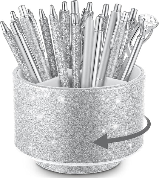Epakh PU Leather Glitter Pen Holder 360 Degree Spinning Silver Bling Pencil Cup Gift for Teacher Women Girls Makeup Brush Organizer Cup Desk Office Classroom Home Back to School Festival (6 Inch)