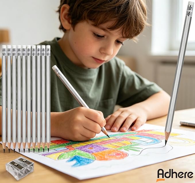 Adhere 25pcs Woodcase Pencils with Eraser Premium Pre-Sharpened Hexagon Graphite 2B pencils ideal for home, office writing including a Free Sharpener (Silver・25pcs)