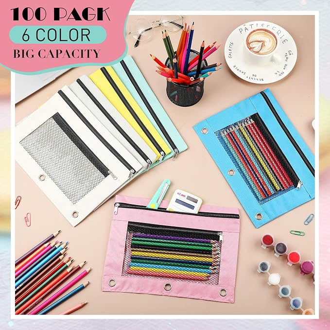 Zhehao 100 Pcs Zipper Binder Pencil Pouches:3 Ring Binder Pencil Pouches with Zipper Window Bulk Clear Pen Bags Case for Office School Classroom Supplies