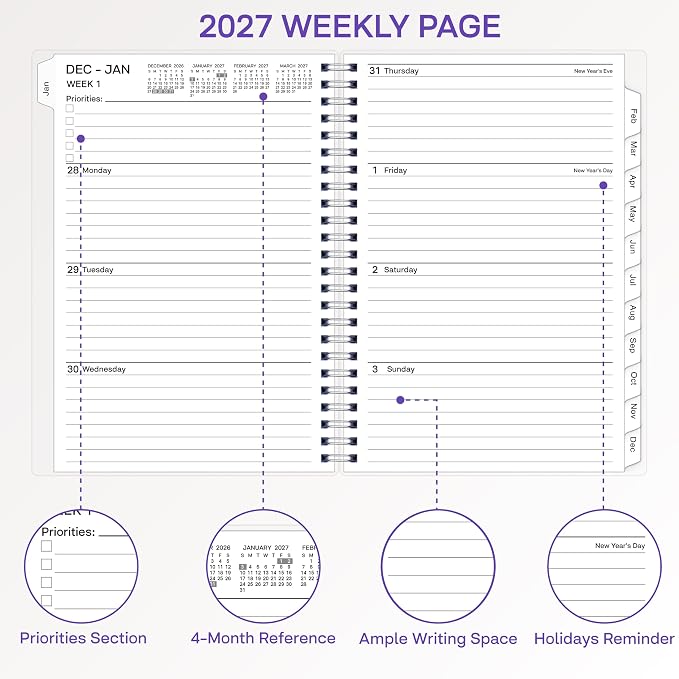 2027 Planner, Weekly ＆ Monthly Planner 2027, Jan 2027 – Dec 2027, 6.2" x 8.42", Flexible Cover, 12 Monthly Tabs, Thick Paper, Spiral Wirebound, Inner Pocket