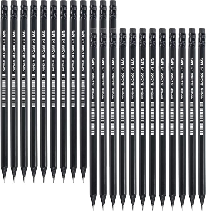 M&G BLACKOO Series HB Wood-Cased Pencils, 24-Pack Pre-Sharpened with Top Erasers, Bulk Black Pencils for School, Teachers, Writing, Drawing and Sketching (Black)