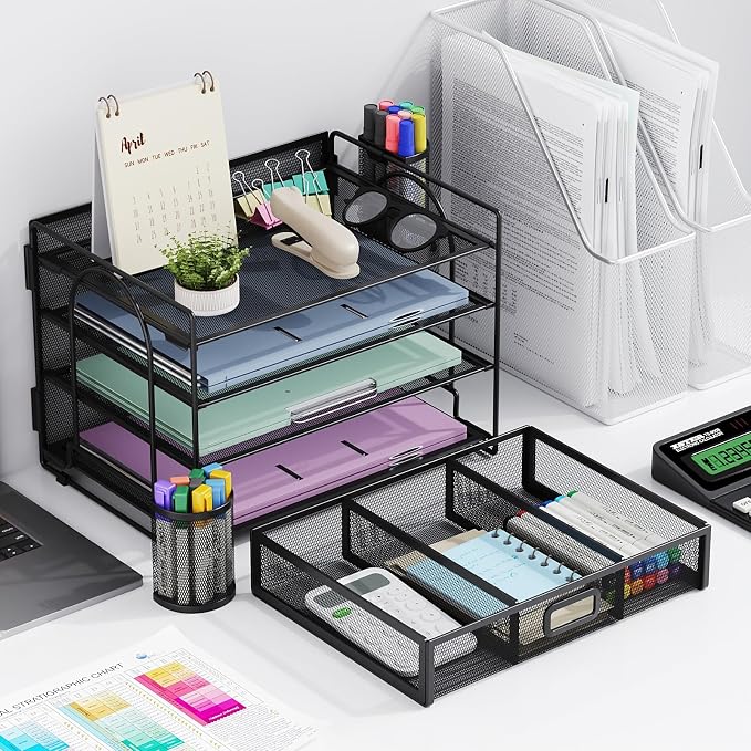 Marbrasse Desk Organizer and Accessories, 4-Tier Paper File Letter Tray Accessories & Workspace Desk Organizers with Drawer and 2 Pen Holders for School Home Office Supplies (Black)