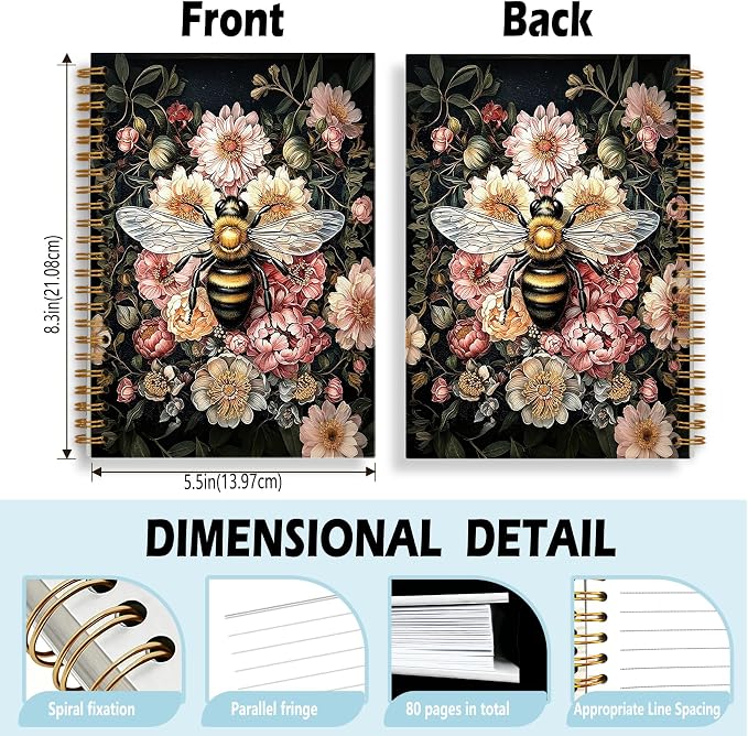 HOXUNQINA Vintage Moody Floral Bumblebee Journal Notebook 5.5x8.3 | Bumblebee Lover Gifts for Women Journal, Dark Cottagecore Wildflower Aesthetic Notebooks for Work