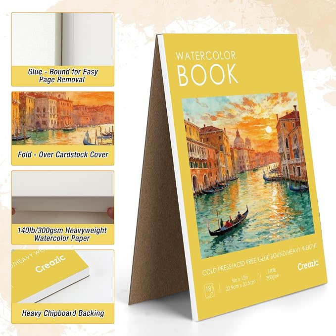 Watercolor Paper Pad, 9"x12" Water Color Paper, 140lb/300gsm, 18 Sheets - Artist Grade for Watercolor, Painting & Mixed Media - Watercolor Sketchbook Journal & Drawing Pad for Adults & Kids, Yellow