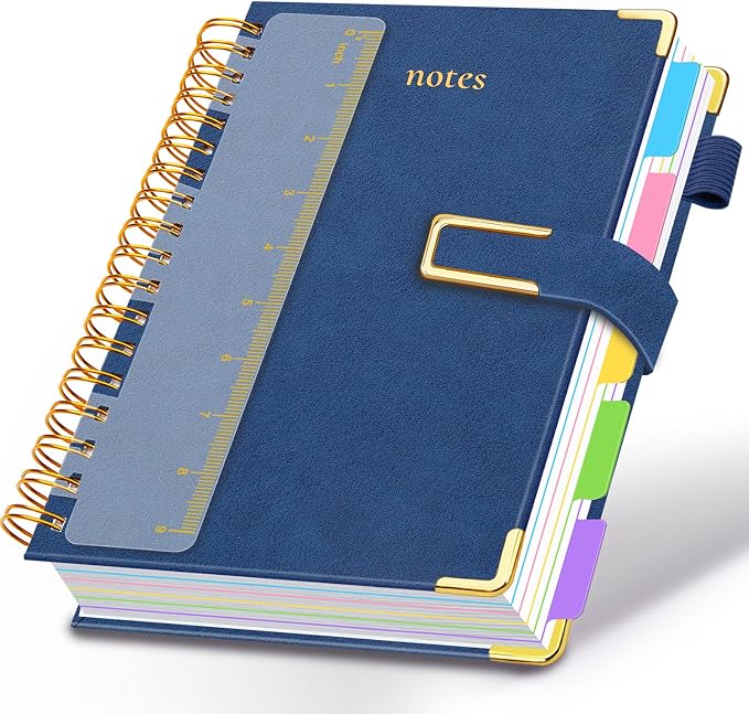 Hardcover Spiral Notebook College Ruled, Leather Journal Notebook with Magnetic Closure, 300 Pages 5 Subject Notebook with Dividers Tabs Journal for Women Men, Work, School (Dark Blue)