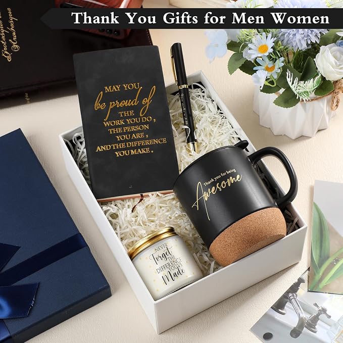 Sayglossy 4 Pcs Thank You Gifts Set for Men Back to School Teacher Appreciation Gift Leather Notebook Inspirational Coffee Mug Scented Candle Ballpoint Pen for Male Employee Coworker Nurse Boss, Black
