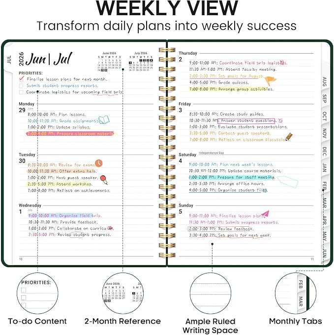 8.5" x 11" Academic Planner 2026-2027, Weekly & Monthly Calendar Planner Book, July 2026 – June 2027, Large Hardcover Organizer with Tabs, Perfect for Teachers, Students, Women & Men – A4, DarkGreen