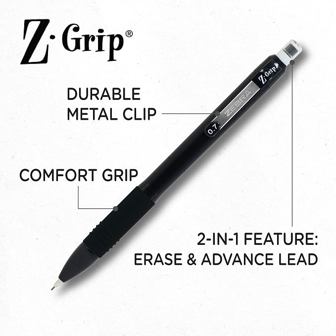 Zebra Pen, Z-Grip Mechanical Pencil, Comfort Grip, 0.7mm Lead, #2 HB, Pre-Loaded with Lead and Eraser, for School, Office, Everyday Use, Refillable, Black Barrel, 12-Pack, (50410AMZ)