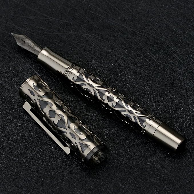 HONG DIAN D1 Piston Fountain Pen Extra Fine Soft Nib, Jet Black Hollow Skeleton & Resin Pen with Metal Case Set