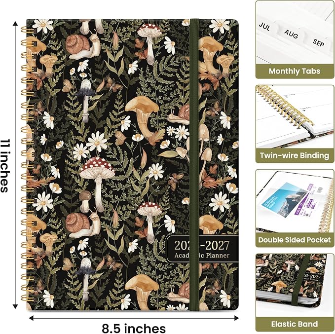 Planner 2026-2027, Academic Monthly and Weekly Calendar Planner for Women, July 2026 - June 2027, Hardcover Pretty Agenda Planner Book with Tabs, Spiral Daily Organizer for School Office Home Supplies, 8.5" x 11" - Mushroom