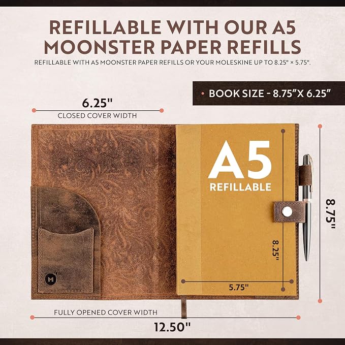moonster Leather Journals for Women for Writing - Flower Journal, Refillable Leather Bound Journal - Vintage Leather Notebook Journal, 320 Lined Pages A5 with Metallic Grey and Rose Gold Luxury Pen