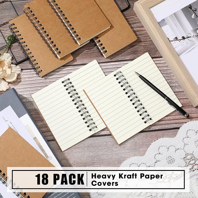 Jutom 18 Pcs Small Spiral Notebooks Memo Pads 3x5 Bulk Small Pocket Notepads Back to School Supplies Mini Notebook with Lined Mini Journals for Office & Work, 120 Pages (Kraft Color)