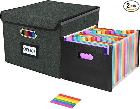 File Organizer Box with 25-Pocket Accordion Folder, File Folder & Protective Lid - Document Storage for Home, Office, School, Dark Grey
