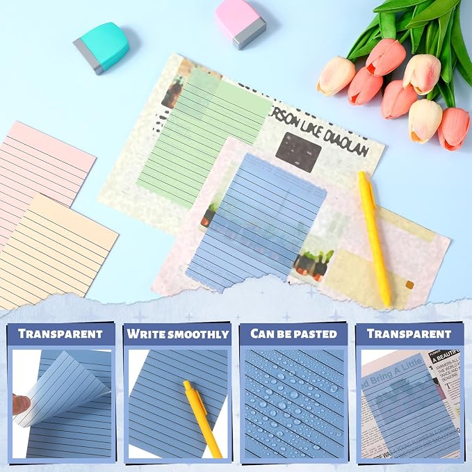 Yinder 6 Pack Colored Transparent Sticky Notes Translucent Clear Lined Self Sticky Notes, Back to School Gift Bible Tab for Planners, School Supplies Office, 30 Sheets/Pack, 4 x 6'' (Light Color)