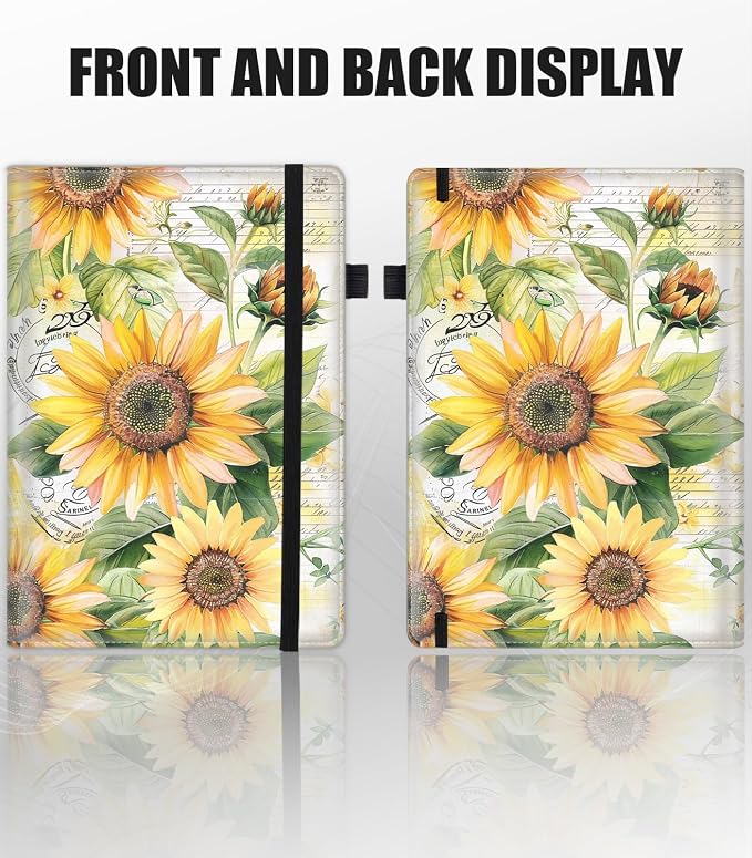 Hardcover Executive Notebooks, A5 PU Leather Lined Journal Notebook, 200 Pages Thick Paper Subject Notebooks for School,Work,Home Writing Business Notebook, Diary Book ，Retro Sunflowers