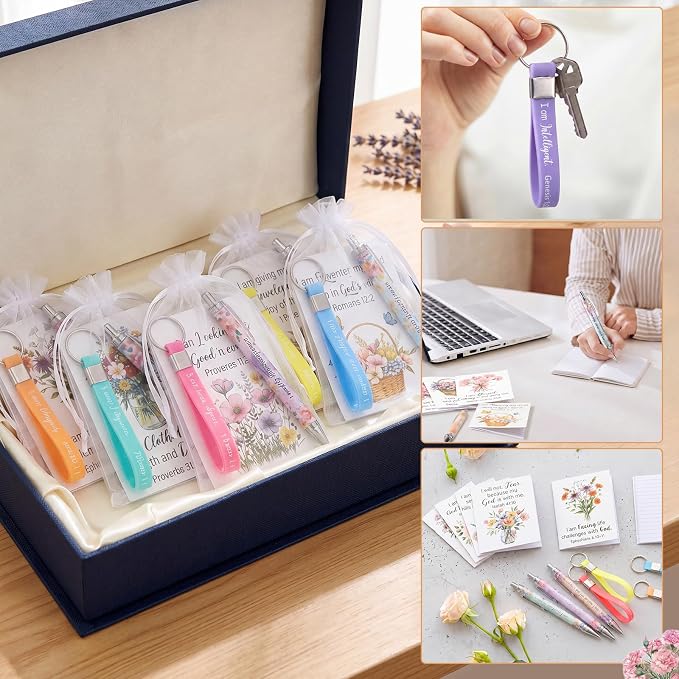 Mooliwe 24 Set Positive Affirmation Gift Set Gratitude Notebooks with Pens Keychains Small Bags Motivational Party Favors for Adult Women Coworkers Employee Group (Floral)