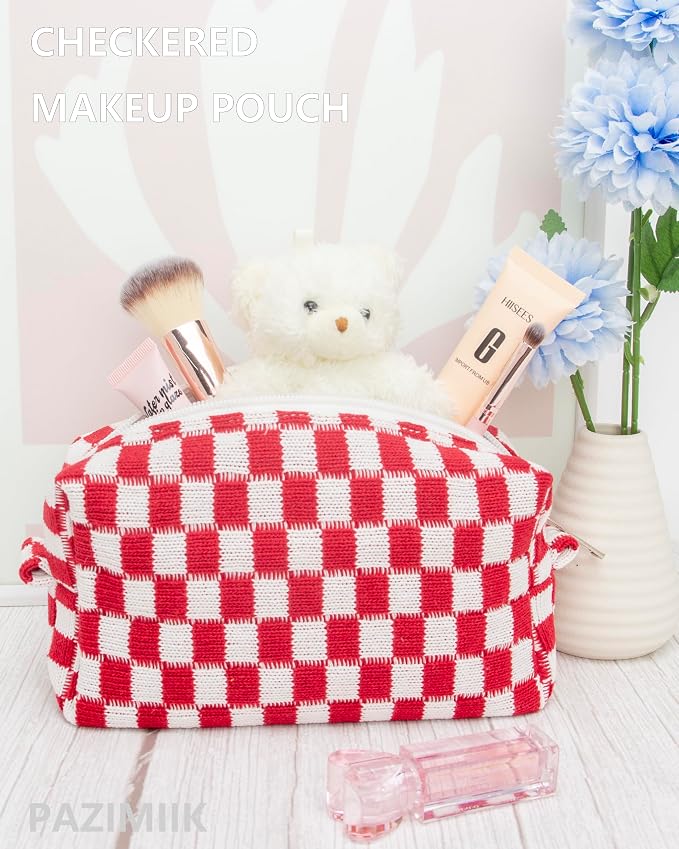 Checkered Makeup Bag for Purse, Small Travel Cosmetic Pouch,Christmas Red | Cute Zipper Makeup Organizer for Women, Travel Essentials, Toiletries, Makeup Brushes, Beauty Accessories&Bridesmaid Gifts