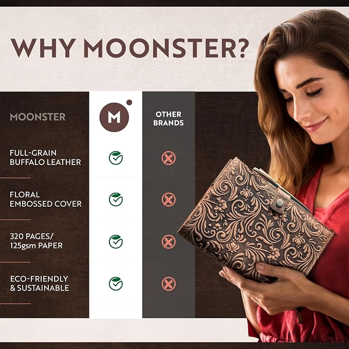 moonster Leather Journals for Women for Writing - Flower Journal, Refillable Leather Bound Journal - Vintage Leather Notebook Journal, 320 Lined Pages A5 with Metallic Grey and Rose Gold Luxury Pen