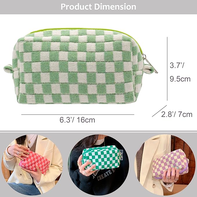 Checkered Makeup Bag for Purse, Small Travel Cosmetic Pouch,Light Green | Cute Zipper Makeup Organizer for Women, Travel Essentials, Toiletries, Makeup Brushes, Beauty Accessories&Bridesmaid Gifts