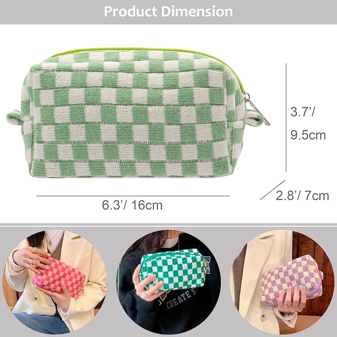 Checkered Makeup Bag for Purse, Small Cosmetic Pouch,Light Green,6 Pack | Cute Zipper Makeup Organizer for Women, Travel Essentials, Toiletries, Makeup Brushes, Beauty Accessories&Bridesmaid Gifts