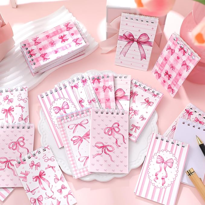 Thenshop 24 Pcs Mini Pink Bow Spiral Notebook 3.9x2.4 Inch Cute Coquette Pink Aesthetic Watercolor Journal Lined Memo Pad Preppy Mini Top Spiral Notebook Office Supplies for Party Gifts Home