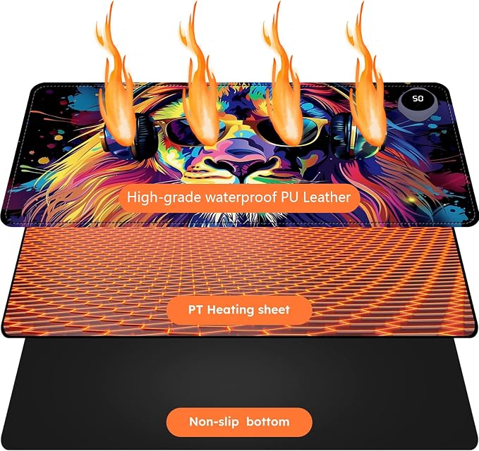 Heated Mouse Pad with 3 Levels Heated & 3 Hours Auto Shut-Off Mouse Pad for Warming Hands in Office Home, 31.5" x 13"Large Safe Desk Mat Hand Warmer，Lion with Headphones