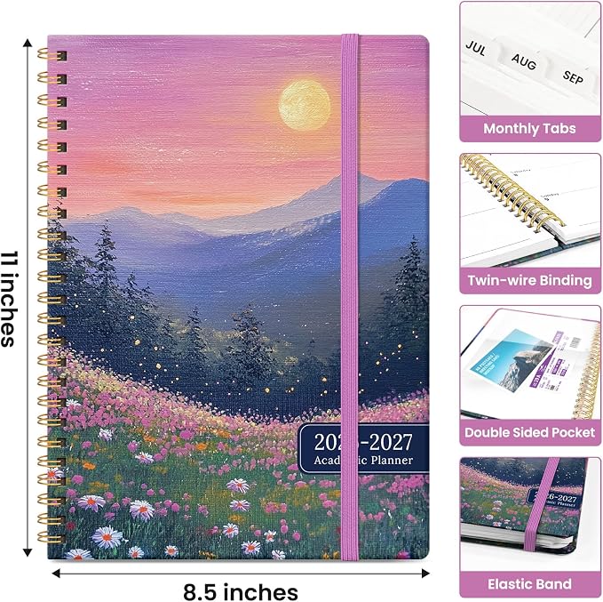 Planner 2026–2027, Academic Monthly Weekly Spiral Calendar, July 2026 – June 2027, Hardcover Agenda Notebook with Tabs, 8.5" x 11", Perfect for Students, Teachers, School & Daily Planning - Twilight Bloom
