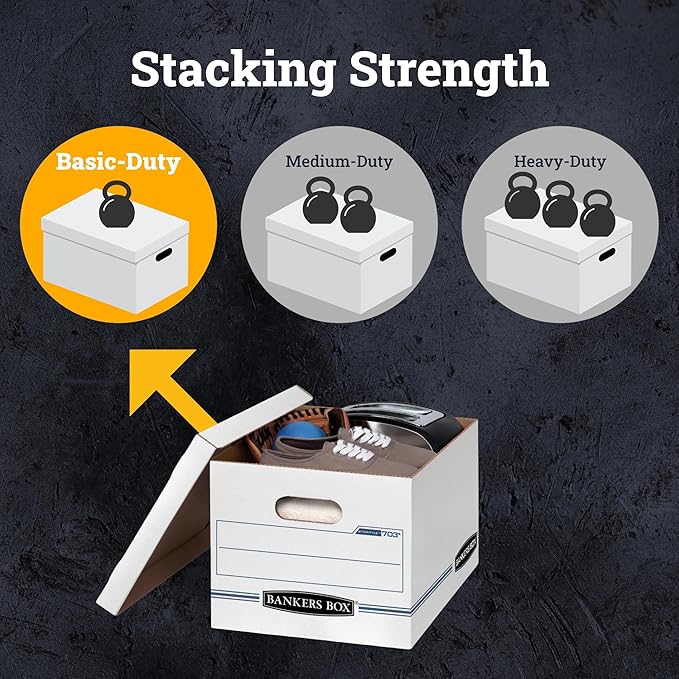 Bankers Box 12-Pack Basic-Duty File Storage Box with Lid, Letter/Legal | Tame everyday paperwork with affordable file boxes, lift-off lids, and reinforced handles for simple record storage.