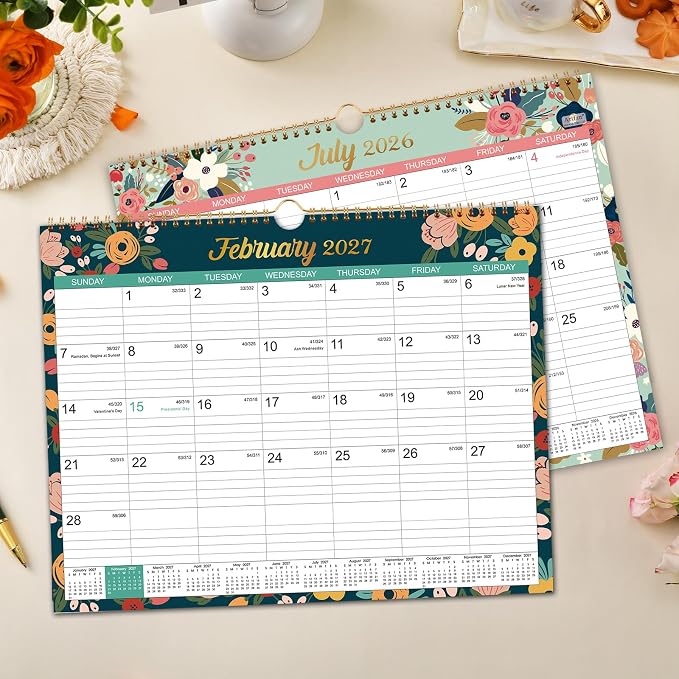 Calendar 2026-2027 - Wall Calendar 2026-2027, Jul.2026 - Dec.2027, 26-27 Wall Calendar 18 Month, 15" x 11.5", Twin-Wire Binding, Julian Dates, Large Block, Notes, To-do List, Thick Paper, Perfect for Organizing - Floral