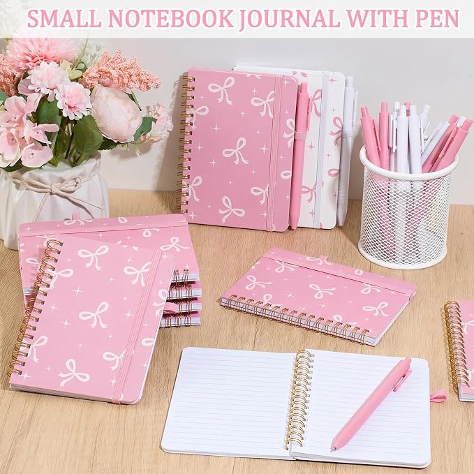 Fulmoon 24 Set Pink Bow A6 Spiral Notebook with Ballpoint Pens 50 Sheets, 4"x 6" Small Bow College Ruled Notepads Journaling Notebooks Bulk for Back to School Supplies Offices Team Coquette Gifts