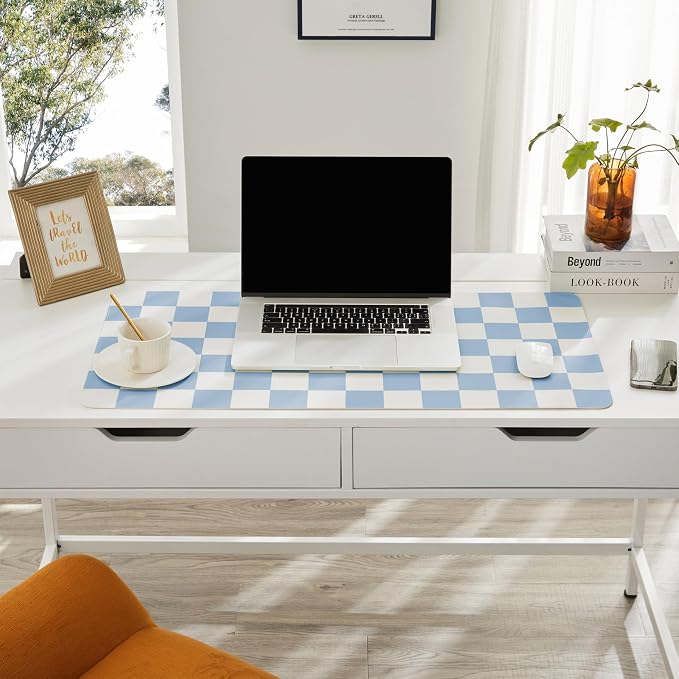 Ohocut Checkered Desk Mat, 31.5" x 15.7" Large Cute Sky Blue Aesthetic Retro Accessories, PU Leather Computer Laptop Desk Mat Mouse Keyboard Pad, Desk Writing Makeup Mat for Vanity/Work/Home Decor