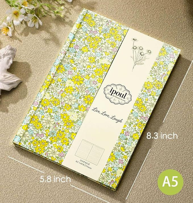ipoul Yellow Notebook, Floral Journal for Writing, Journal for Teen Girls, A5, Ruled, Hardcover, Lay-flat, Cute Girls Diary, Birthday Gift for Women, Daughter, Granddaughter, School Supplies