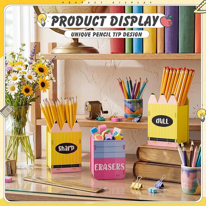 DoubleFill 3 Pcs Sharp and Dull Pencil Holder Eraser Buckets Wooden Shaped Dispenser for Back to School Teachers Classroom Management (Sharpened Pencil)