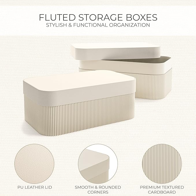 ZICOTO Decorative Storage Boxes with Lids - Set of 2 Beautiful Fluted Photo Organizer Bins for Your Home Bookshelf Decor to Safely Store Your Documents, Memory Box Items and Other Keepsakes in Style