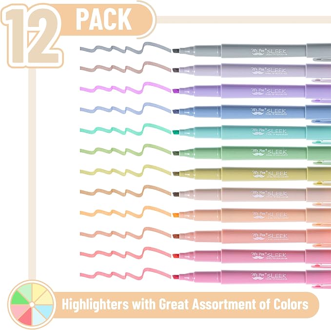 Mr. Pen- Highlighters, 12 Pack, Pastel Colors, Chisel Tip, Quick-Dry | Smear-Resistant, Odorless Highlighters for School, Office & Journaling