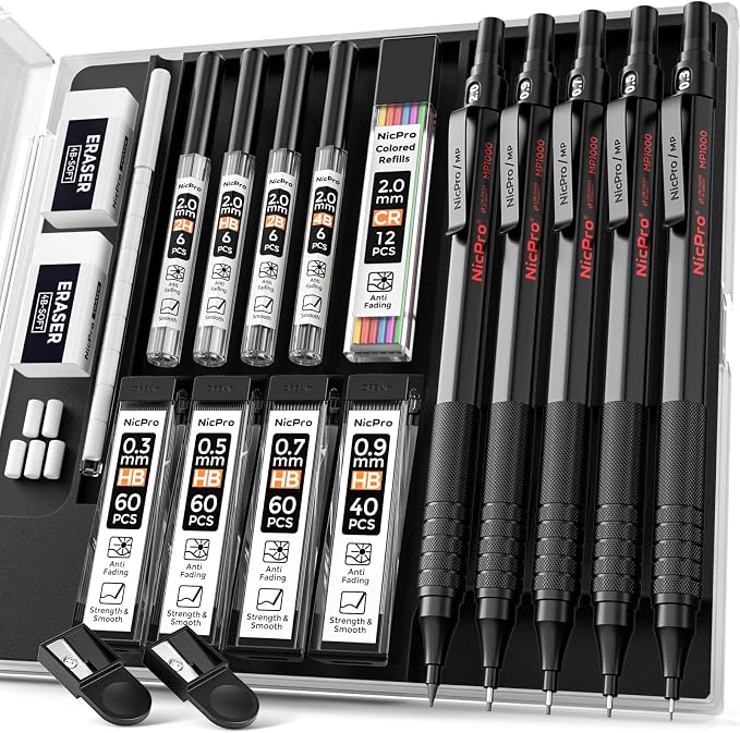 Nicpro Black Art 5PCS Mechanical Pencil Set, Metal Drawing With Lead Eraser | Pencils 0.3, 0.5, 0.7, 0.9 mm & 2mm Graphite Holder For Sketching Drafting With 9 Tubes (4B 2B HB 2H Colors) Refills Case
