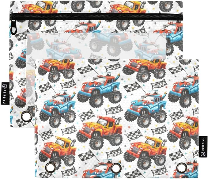 Binder Pencil Pouches Cartoon Monster Truck Pattern Pen Case | Clear Window 3 Rings, Cosmetic Bags School Office Supplies Cosmetic Makeup Bag 2 Psc