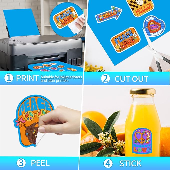 Matte Blue Printable Sticker Paper, 25 Sheets Printable Sticker Paper, Laser/Inkjet Printing- Letter Size (8.5" x 11")