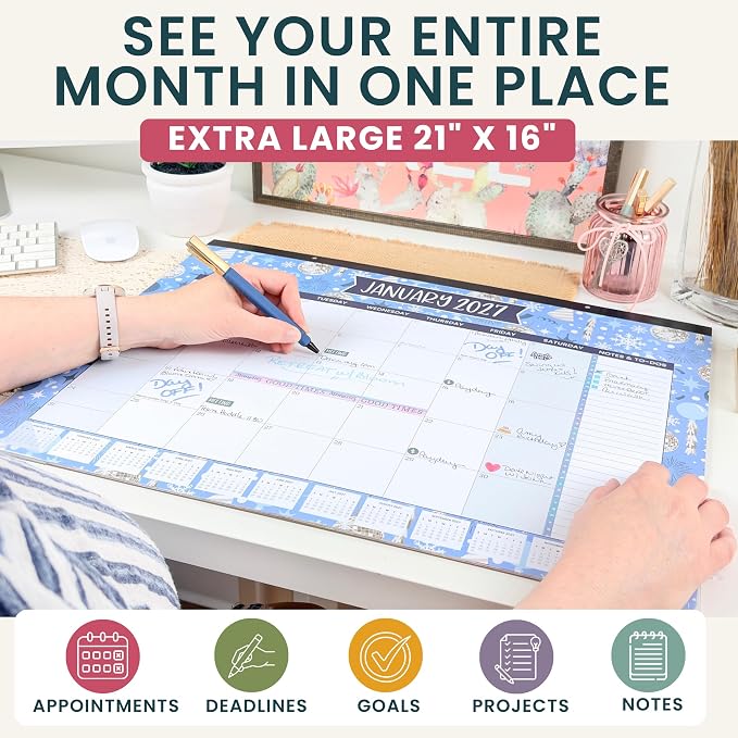 bloom daily planners Desk Calendar 2026-2027 - Academic Year Large Wall Calendar (July 2026 - July 2027) - 21” x 16” Desktop & Hanging Monthly Planner with Stickers for Home or Office - Holiday Icons