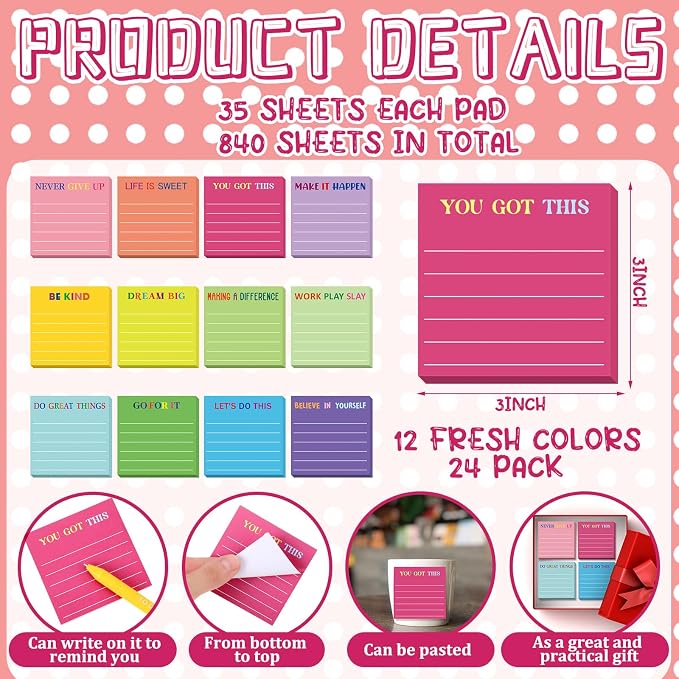 Yinder 48 Pcs Inspirational Sticky Notes, Back to School Supplies, Cute Motivational Sticky Notes Pad Employee Appreciation Gifts Bulk for Teacher Coworker Office 3 x 3'' (Motivational,Dark Color)