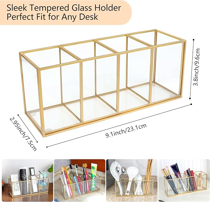 Pencil Holder for Desk,Tempered Glass Pen Holder,3&4 Compartments,Desktop Storage Organizer for Office Supplies,School Supplies,Pens,Markers,Pencils,Scissors,Paperclips (Gold, 4 compartments)