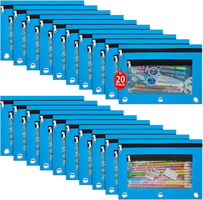 IKAYAS 20 Pack Sky Blue Pencil Pouch for 3 Ring Binder bulk with Zipper for Classroom bulk Pencil Box Pencil Case for Storing School Students Teacher Supplies