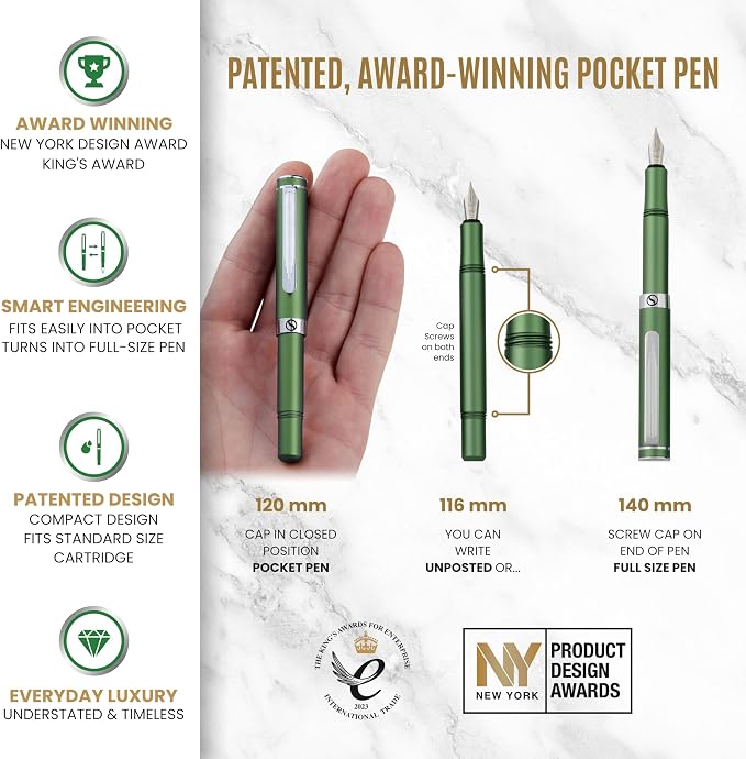Scriveiner Personalized Luxury EDC Fountain Pen (Medium), Stunning Matt Green Pocket Pen, Chrome Finish, Schmidt German Nib, Best Engraved Fountain Pen Gift Set for Men & Women, Name Engraving